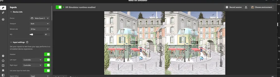 The first stereo frame running in Meta XR Simulator